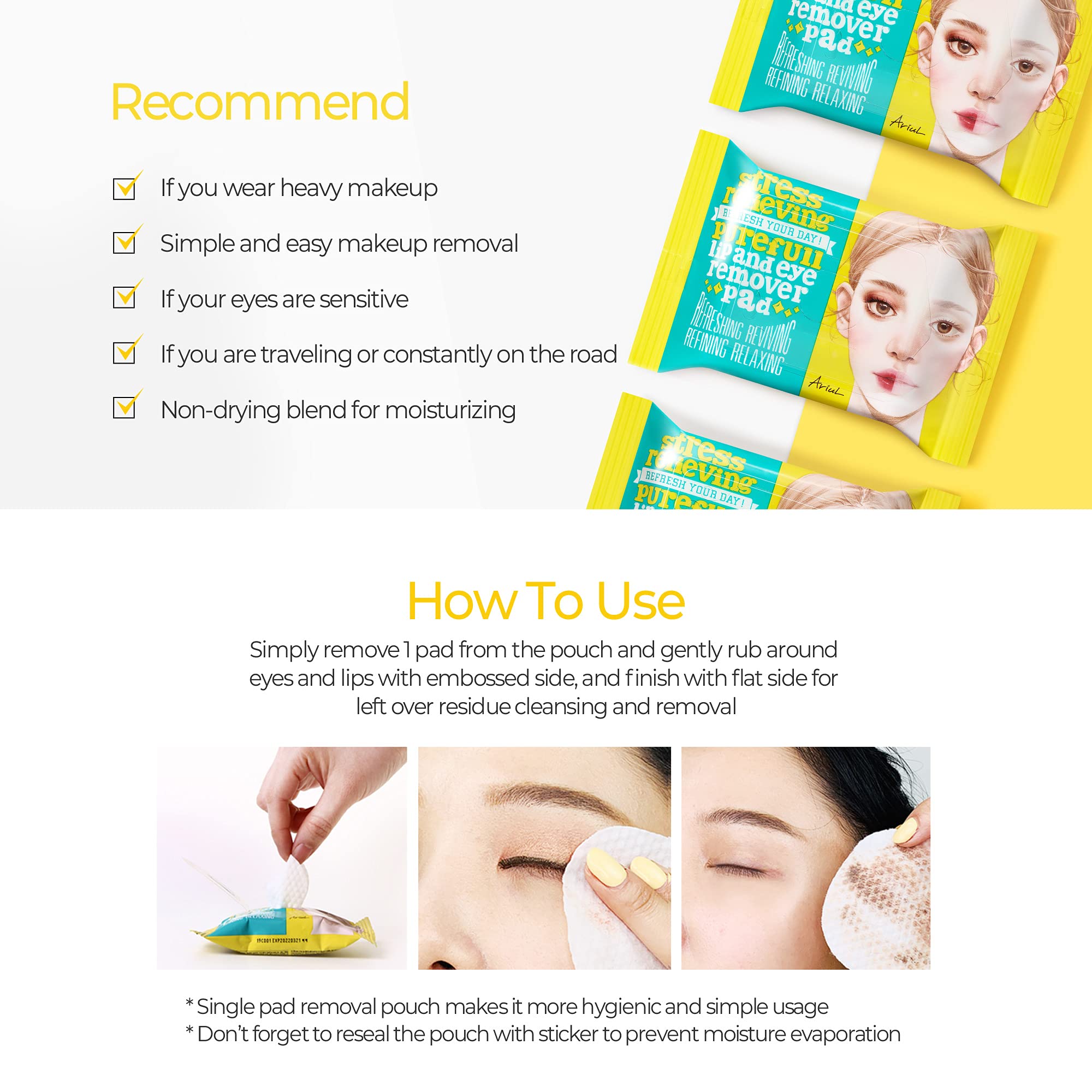 ARIUL Stress Relieving Purefull Lip and Eye Remover Pad (30 Sheets) - Fanxi Life
